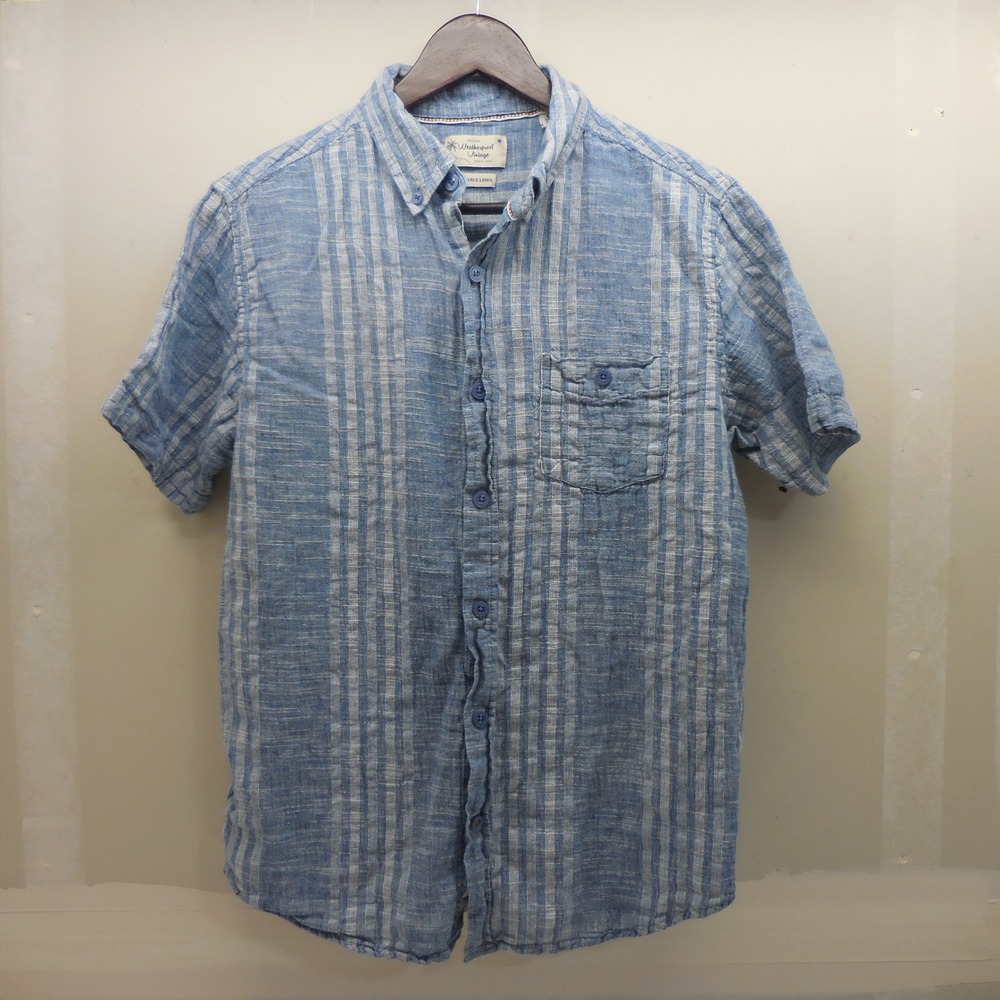 Weatherproof Vintage Mens Blue White Stripe Linen Blend Short Sleeve Shirt M